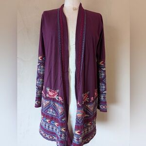 Burgundy Floral Embroidered Open Cardigan Sweater